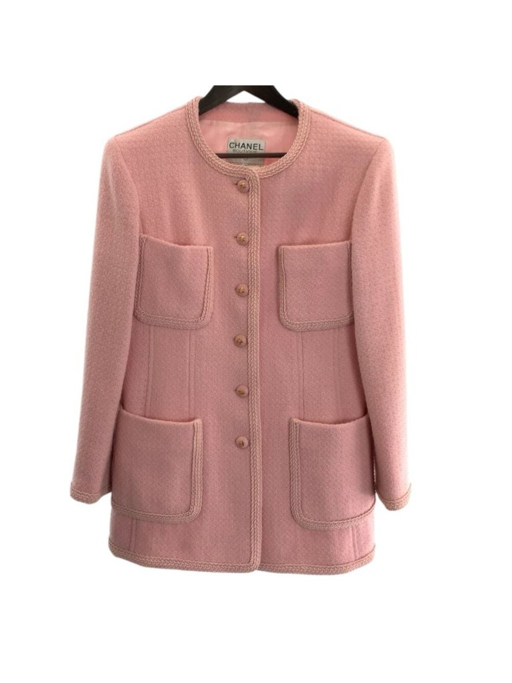 Chanel Vintage Tweed CC Logo Pink Jacket Skirt Suit